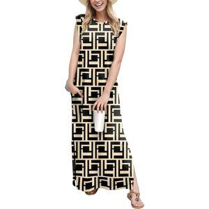 Grecerelle Women Black PuzzleRound Neck Loose Split Wrinkle-Free Long Maxi Dress